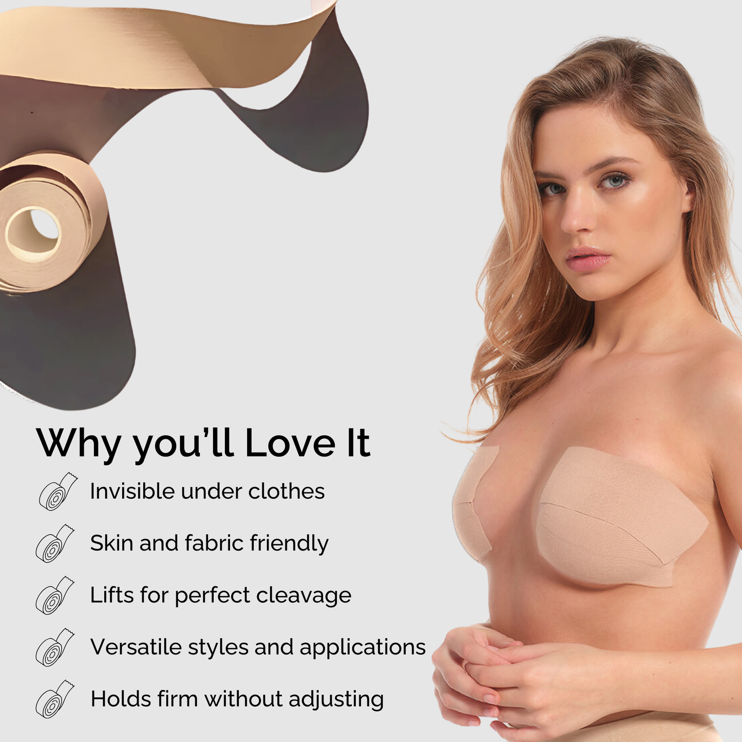 Silk Nips Boob Tape for Women - Adhesive, Waterproof, Sweat Resistant Breast Tape for A-G Cup, Premium 3-Inch Wide Body Tape (Creme)